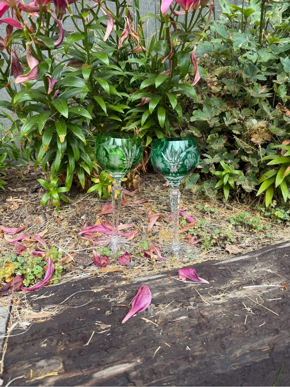 Green Cut Glass Wine Goblets - Set of 2